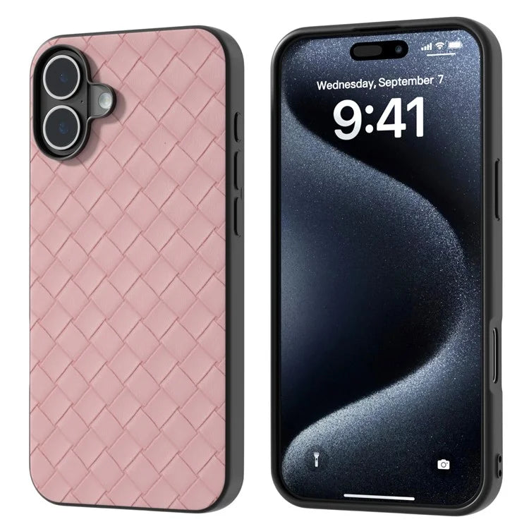 For iPhone 16 Plus Case Woven Texture Leather+PC+TPU Hybrid Phone Cover