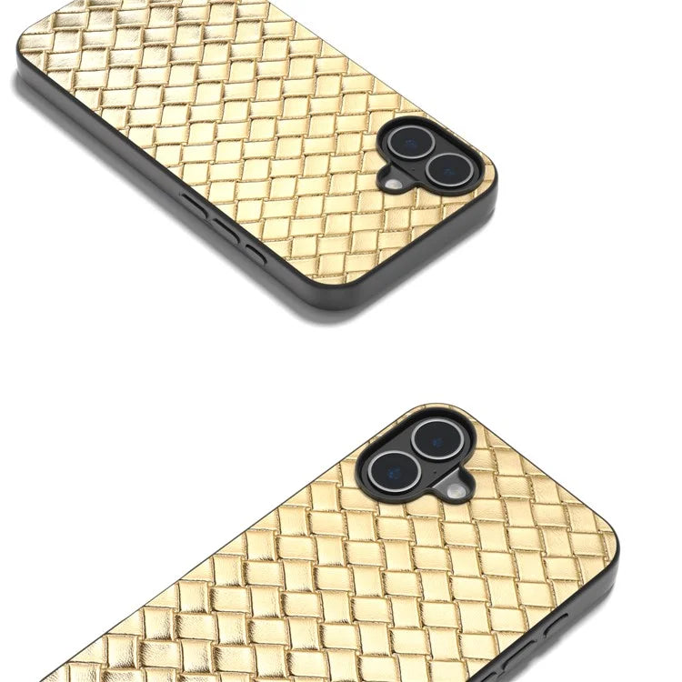 For iPhone 16 Plus Case Woven Texture Leather+PC+TPU Hybrid Phone Cover