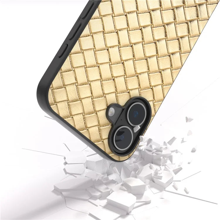 For iPhone 16 Plus Case Woven Texture Leather+PC+TPU Hybrid Phone Cover