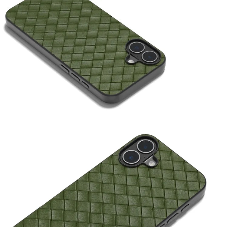 For iPhone 16 Plus Case Woven Texture Leather+PC+TPU Hybrid Phone Cover