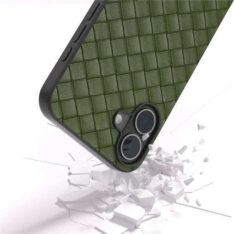 For iPhone 16 Plus Case Woven Texture Leather+PC+TPU Hybrid Phone Cover
