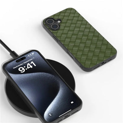 For iPhone 16 Plus Case Woven Texture Leather+PC+TPU Hybrid Phone Cover