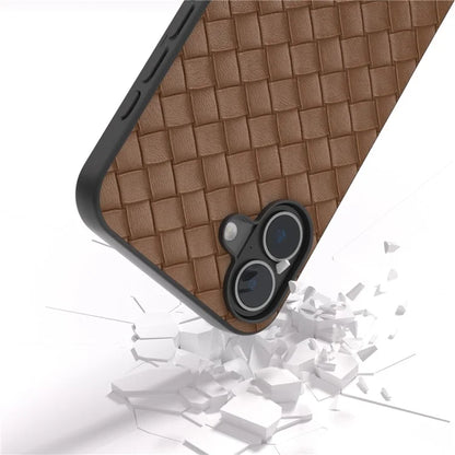 For iPhone 16 Plus Case Woven Texture Leather+PC+TPU Hybrid Phone Cover