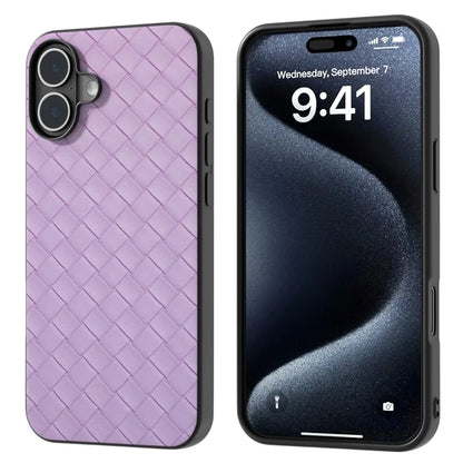 For iPhone 16 Plus Case Woven Texture Leather+PC+TPU Hybrid Phone Cover
