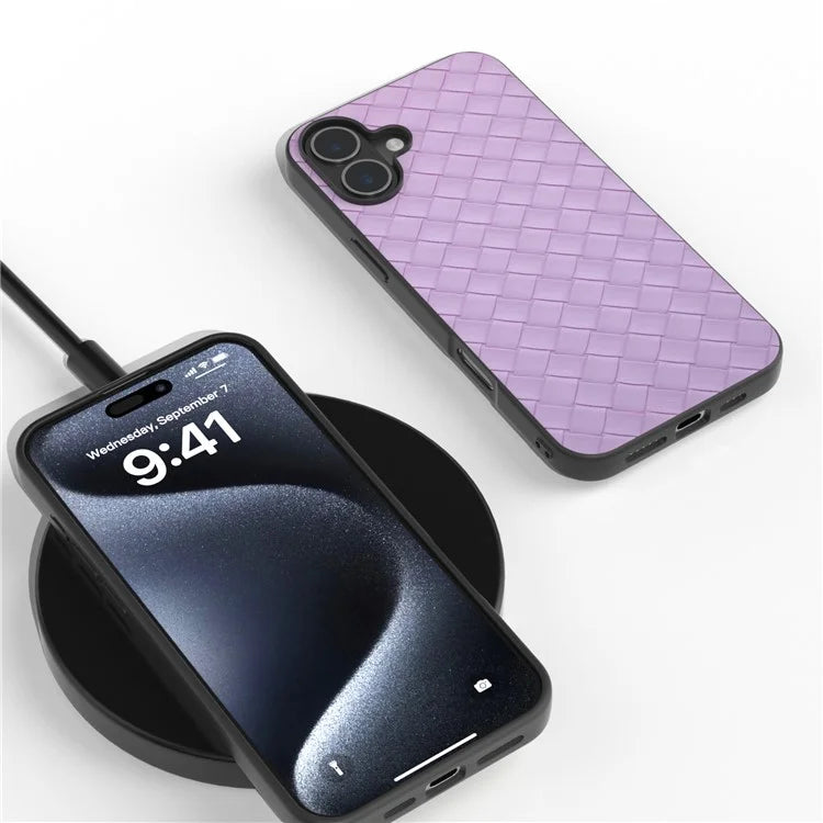 For iPhone 16 Plus Case Woven Texture Leather+PC+TPU Hybrid Phone Cover