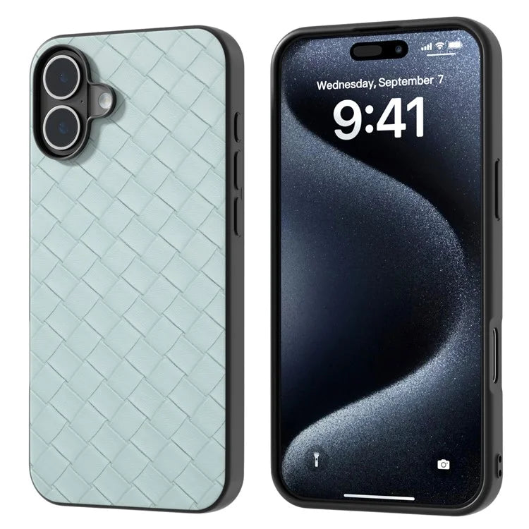 For iPhone 16 Plus Case Woven Texture Leather+PC+TPU Hybrid Phone Cover