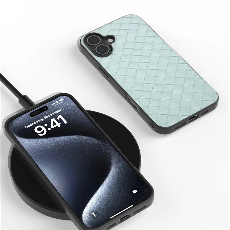 For iPhone 16 Plus Case Woven Texture Leather+PC+TPU Hybrid Phone Cover