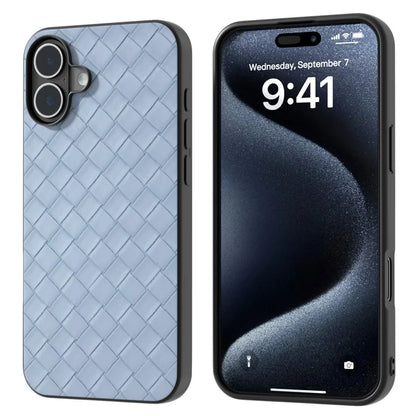 For iPhone 16 Plus Case Woven Texture Leather+PC+TPU Hybrid Phone Cover