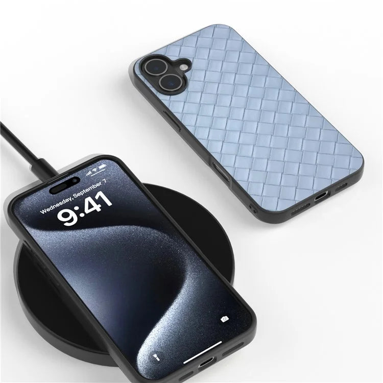 For iPhone 16 Plus Case Woven Texture Leather+PC+TPU Hybrid Phone Cover