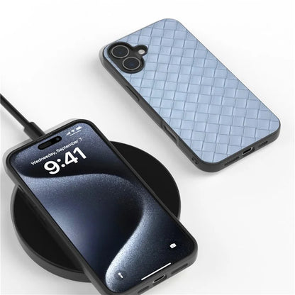 For iPhone 16 Plus Case Woven Texture Leather+PC+TPU Hybrid Phone Cover