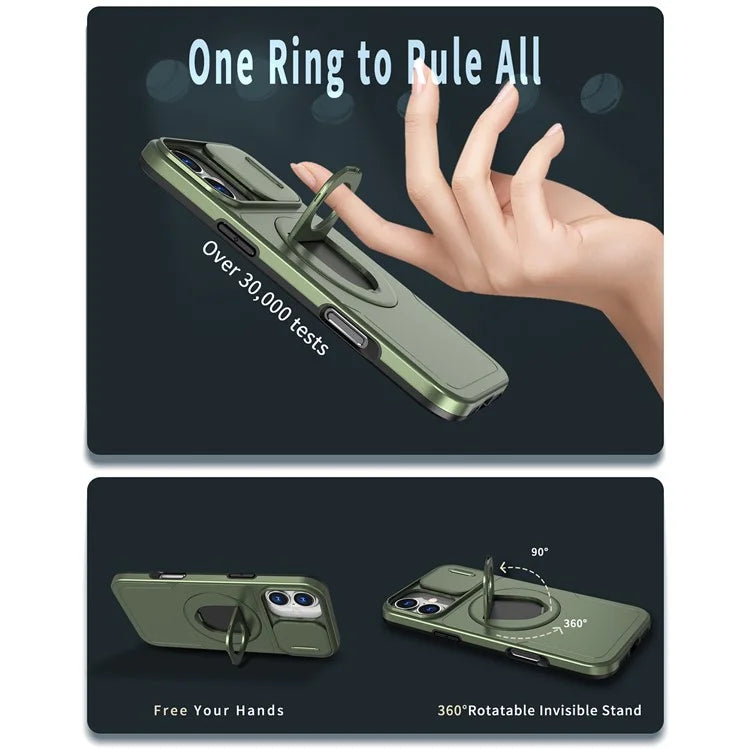 For iPhone 16 Magnetic Case Slide Camshield TPU+PC Kickstand Phone Cover