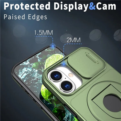 For iPhone 16 Magnetic Case Slide Camshield TPU+PC Kickstand Phone Cover