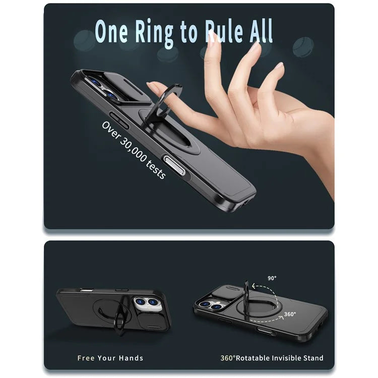 For iPhone 16 Magnetic Case Slide Camshield TPU+PC Kickstand Phone Cover