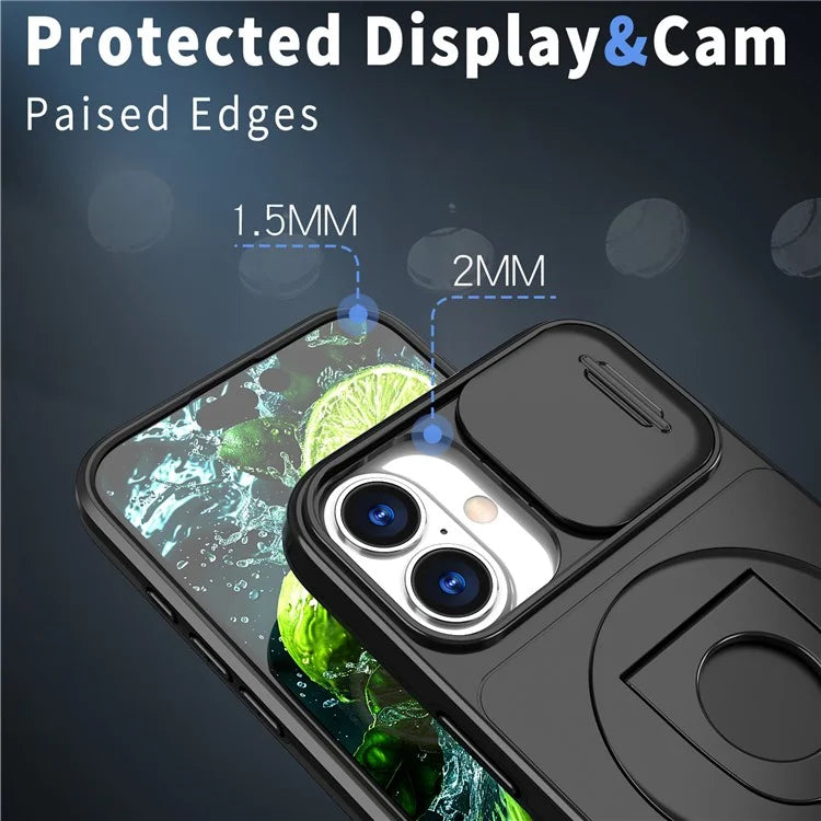 For iPhone 16 Magnetic Case Slide Camshield TPU+PC Kickstand Phone Cover