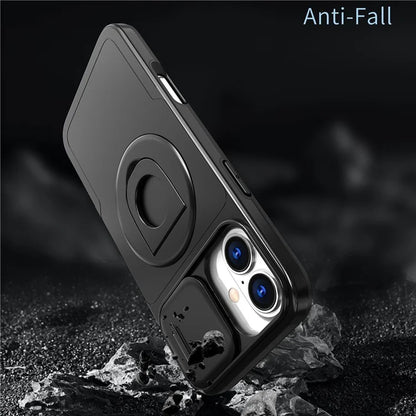 For iPhone 16 Magnetic Case Slide Camshield TPU+PC Kickstand Phone Cover