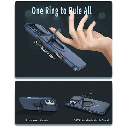 For iPhone 16 Magnetic Case Slide Camshield TPU+PC Kickstand Phone Cover
