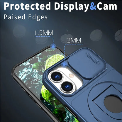 For iPhone 16 Magnetic Case Slide Camshield TPU+PC Kickstand Phone Cover