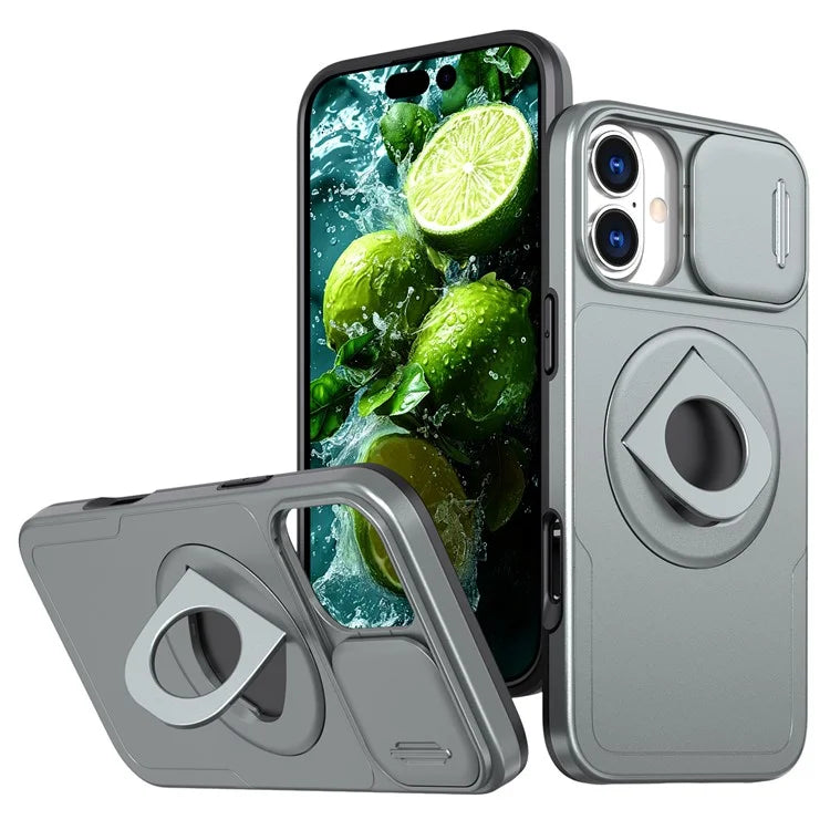 For iPhone 16 Magnetic Case Slide Camshield TPU+PC Kickstand Phone Cover