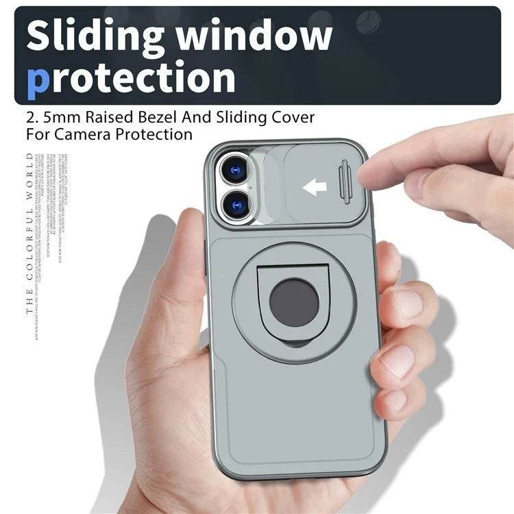 For iPhone 16 Magnetic Case Slide Camshield TPU+PC Kickstand Phone Cover