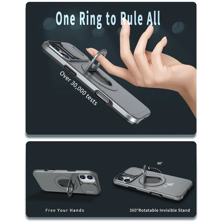 For iPhone 16 Magnetic Case Slide Camshield TPU+PC Kickstand Phone Cover