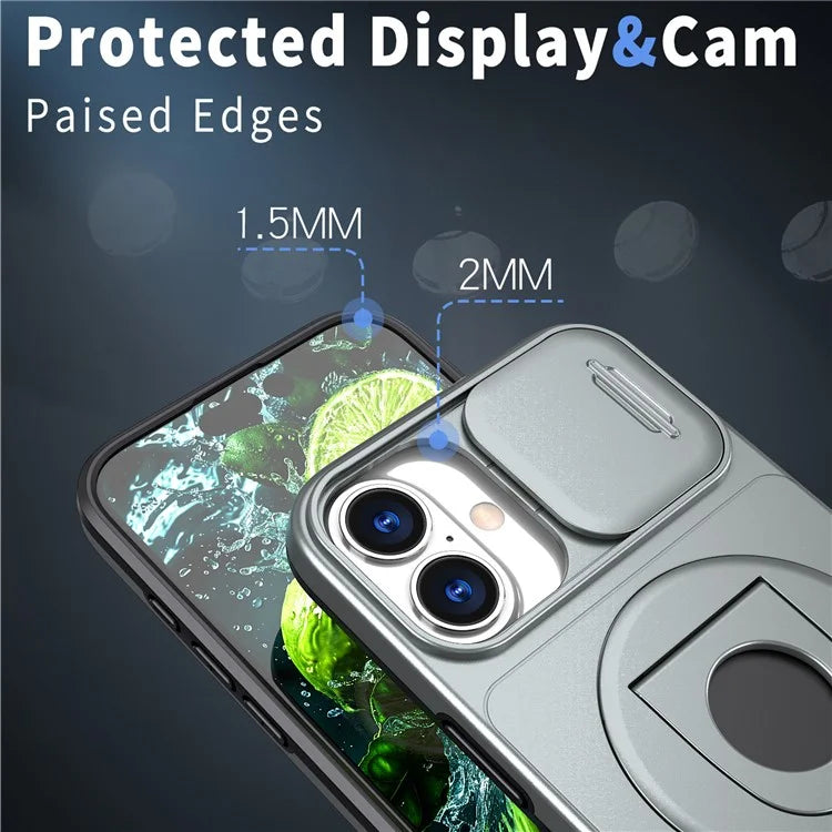 For iPhone 16 Magnetic Case Slide Camshield TPU+PC Kickstand Phone Cover
