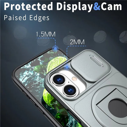 For iPhone 16 Magnetic Case Slide Camshield TPU+PC Kickstand Phone Cover