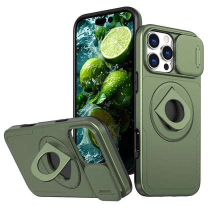 For iPhone 16 Pro Max Magnetic Case Kickstand Slide Lens Cover TPU+PC Phone Shell