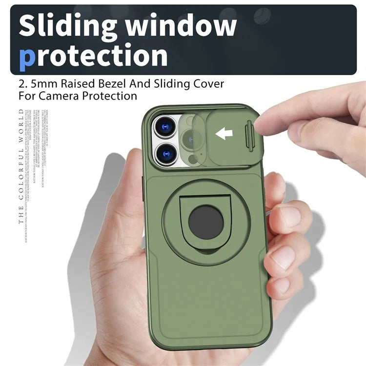 For iPhone 16 Pro Max Magnetic Case Kickstand Slide Lens Cover TPU+PC Phone Shell