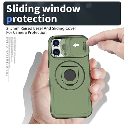 For iPhone 16 Pro Max Magnetic Case Kickstand Slide Lens Cover TPU+PC Phone Shell