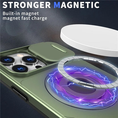 For iPhone 16 Pro Max Magnetic Case Kickstand Slide Lens Cover TPU+PC Phone Shell