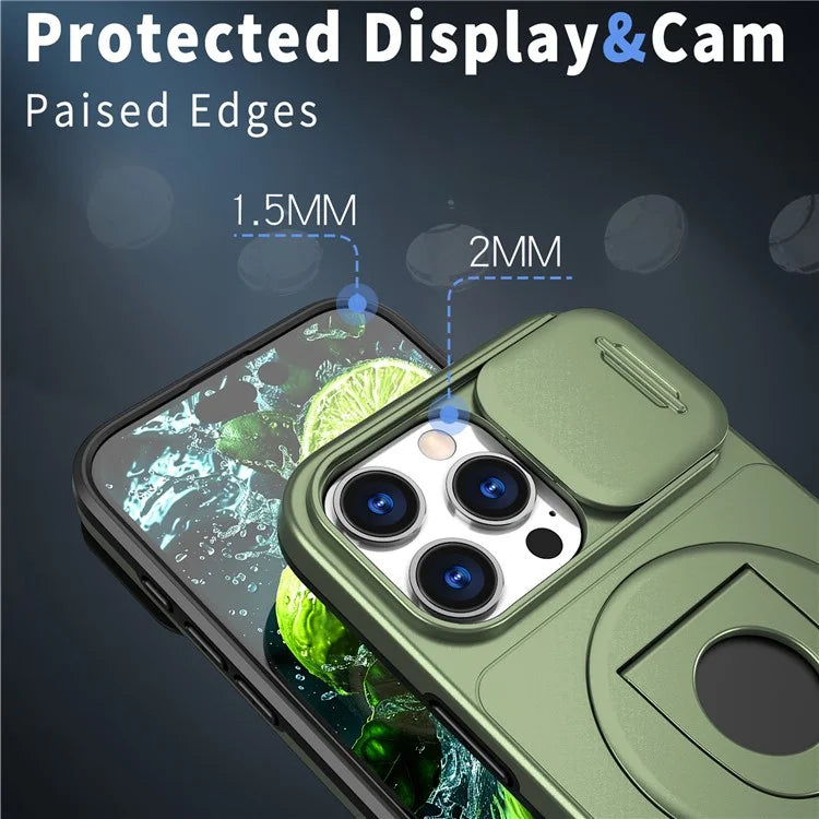 For iPhone 16 Pro Max Magnetic Case Kickstand Slide Lens Cover TPU+PC Phone Shell