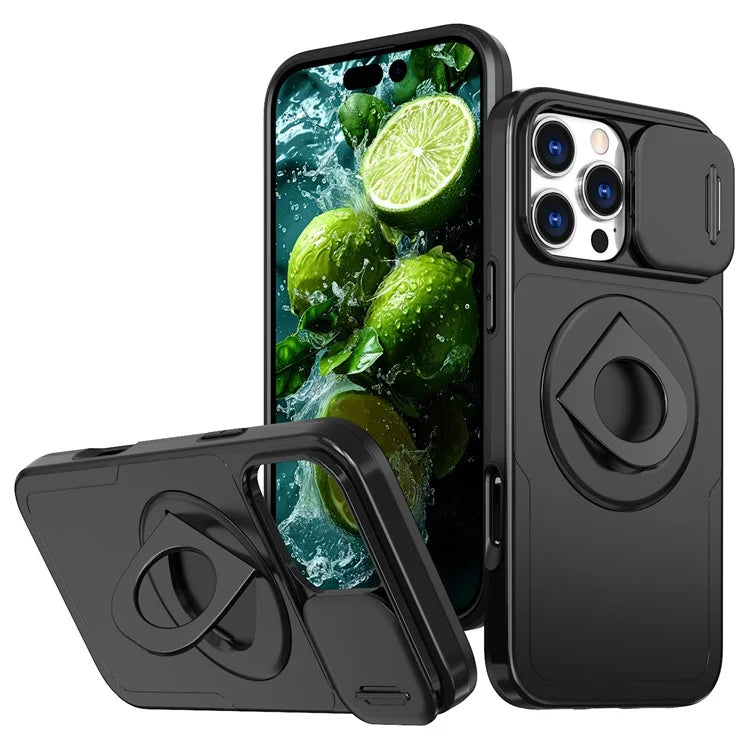 For iPhone 16 Pro Max Magnetic Case Kickstand Slide Lens Cover TPU+PC Phone Shell