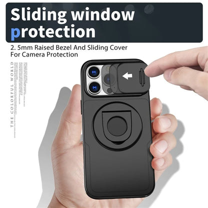For iPhone 16 Pro Max Magnetic Case Kickstand Slide Lens Cover TPU+PC Phone Shell