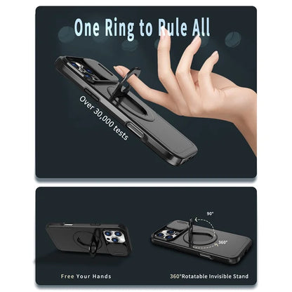 For iPhone 16 Pro Max Magnetic Case Kickstand Slide Lens Cover TPU+PC Phone Shell