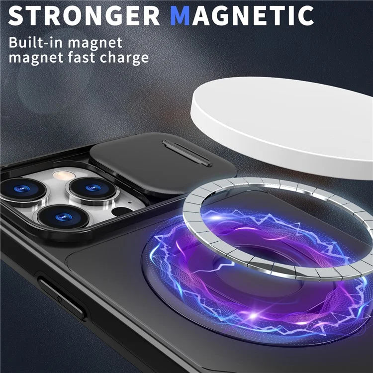 For iPhone 16 Pro Max Magnetic Case Kickstand Slide Lens Cover TPU+PC Phone Shell