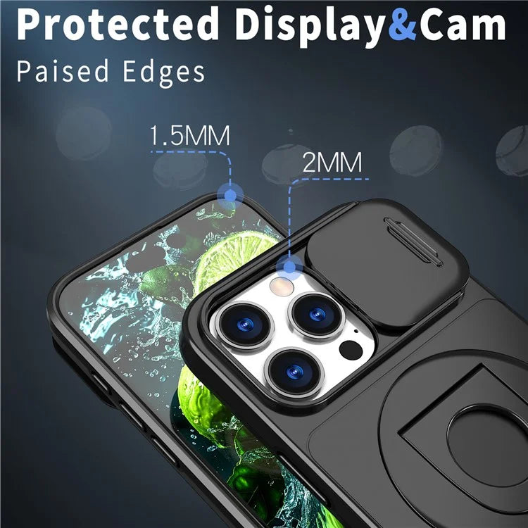 For iPhone 16 Pro Max Magnetic Case Kickstand Slide Lens Cover TPU+PC Phone Shell