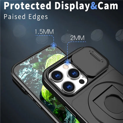 For iPhone 16 Pro Max Magnetic Case Kickstand Slide Lens Cover TPU+PC Phone Shell