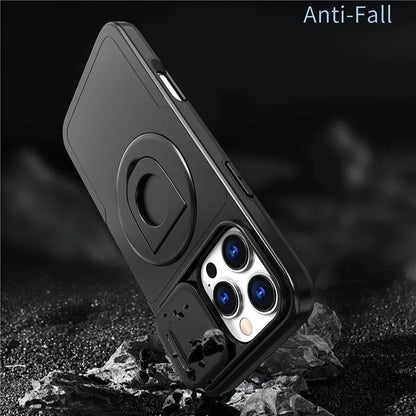 For iPhone 16 Pro Max Magnetic Case Kickstand Slide Lens Cover TPU+PC Phone Shell