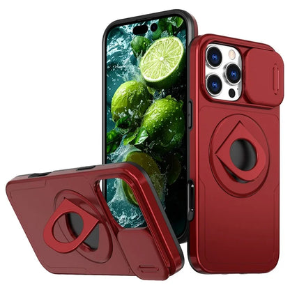 For iPhone 16 Pro Max Magnetic Case Kickstand Slide Lens Cover TPU+PC Phone Shell