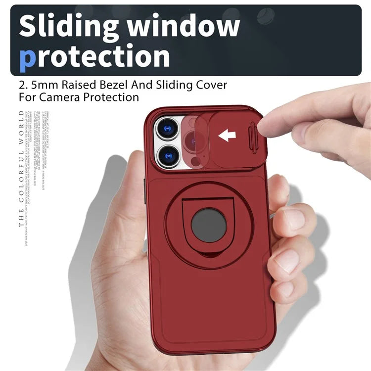 For iPhone 16 Pro Max Magnetic Case Kickstand Slide Lens Cover TPU+PC Phone Shell