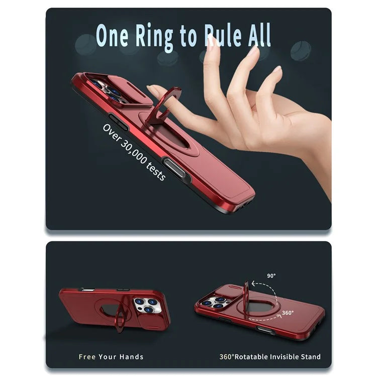 For iPhone 16 Pro Max Magnetic Case Kickstand Slide Lens Cover TPU+PC Phone Shell
