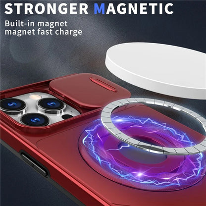 For iPhone 16 Pro Max Magnetic Case Kickstand Slide Lens Cover TPU+PC Phone Shell