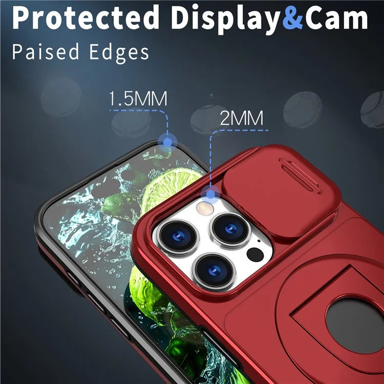 For iPhone 16 Pro Max Magnetic Case Kickstand Slide Lens Cover TPU+PC Phone Shell