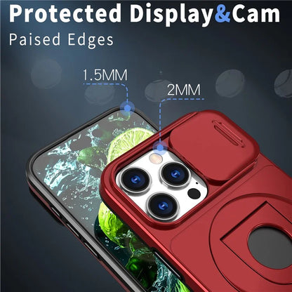 For iPhone 16 Pro Max Magnetic Case Kickstand Slide Lens Cover TPU+PC Phone Shell