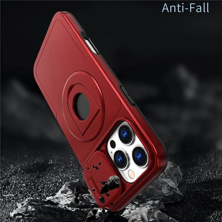 For iPhone 16 Pro Max Magnetic Case Kickstand Slide Lens Cover TPU+PC Phone Shell