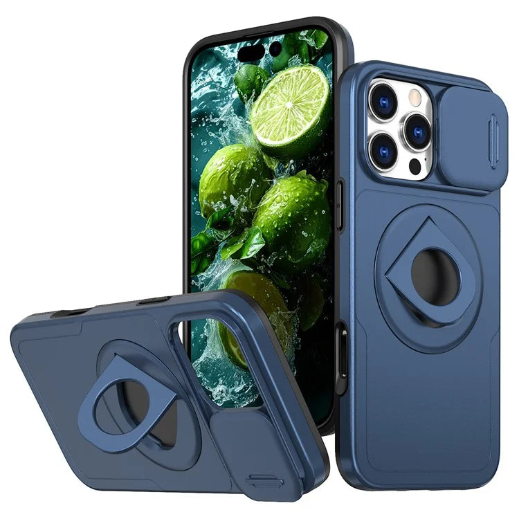 For iPhone 16 Pro Max Magnetic Case Kickstand Slide Lens Cover TPU+PC Phone Shell
