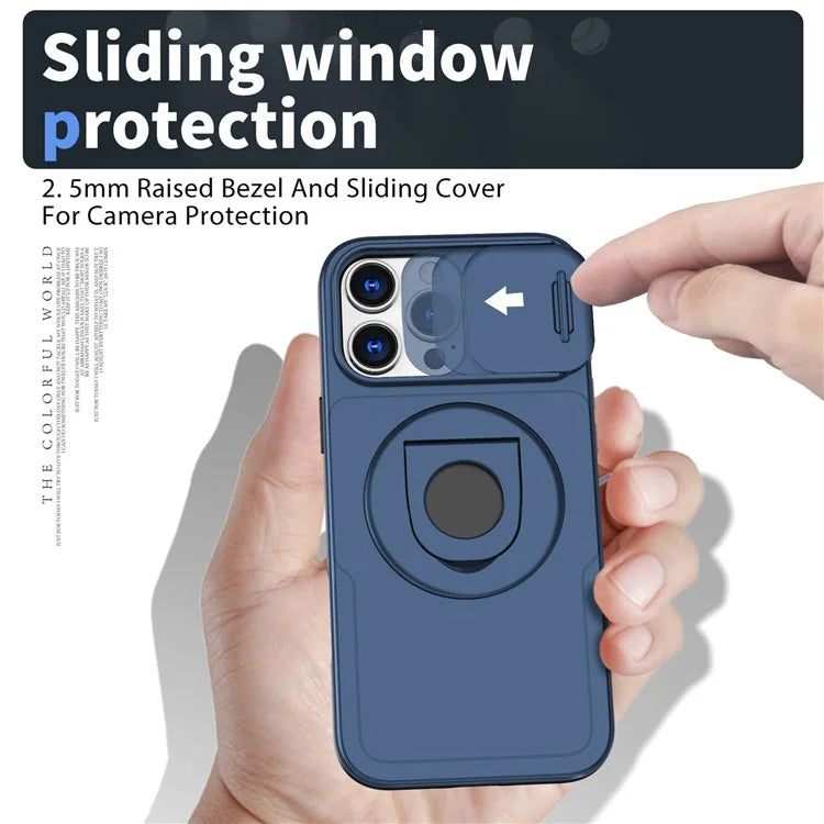 For iPhone 16 Pro Max Magnetic Case Kickstand Slide Lens Cover TPU+PC Phone Shell