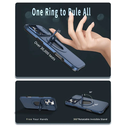 For iPhone 16 Pro Max Magnetic Case Kickstand Slide Lens Cover TPU+PC Phone Shell