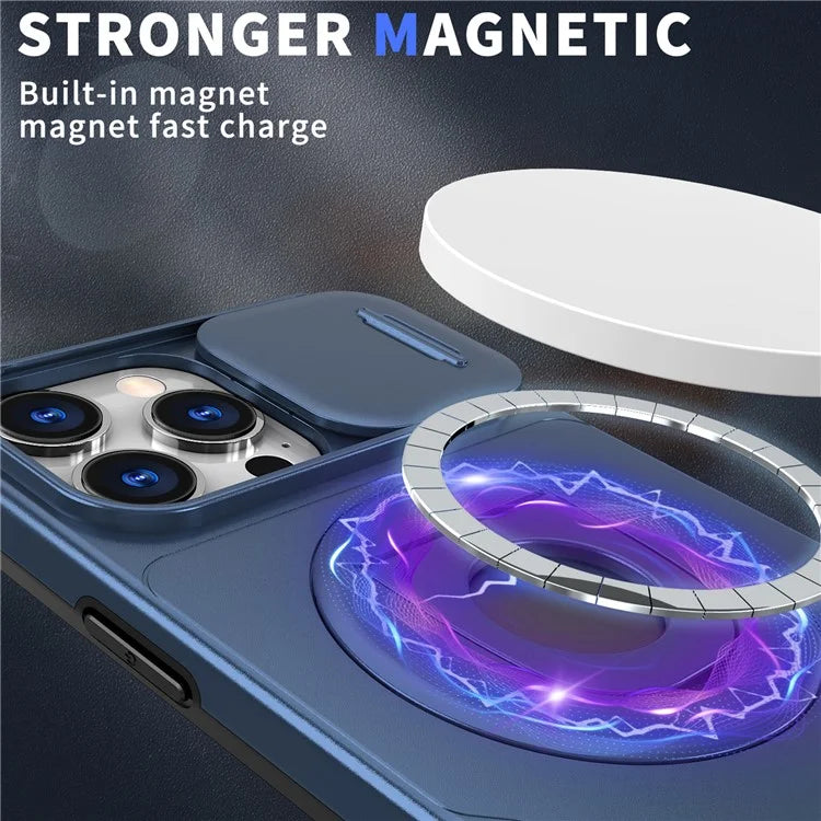 For iPhone 16 Pro Max Magnetic Case Kickstand Slide Lens Cover TPU+PC Phone Shell