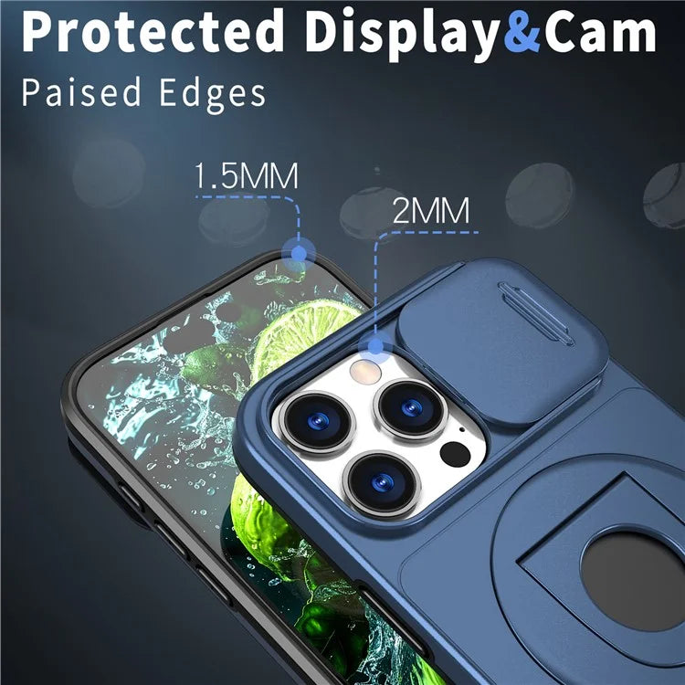 For iPhone 16 Pro Max Magnetic Case Kickstand Slide Lens Cover TPU+PC Phone Shell